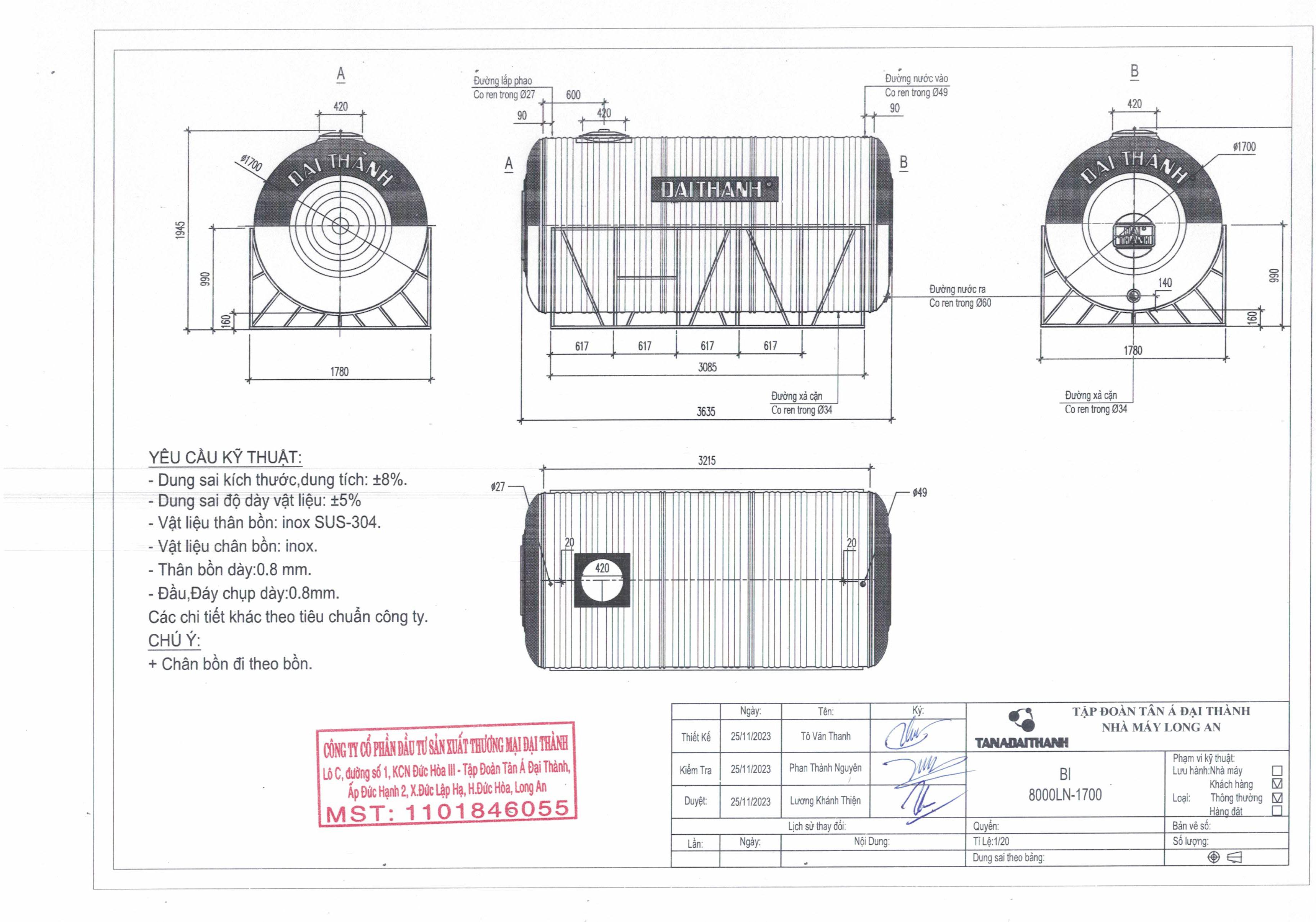 ban ve bon nuoc inox dai thanh 8000 lit ngang